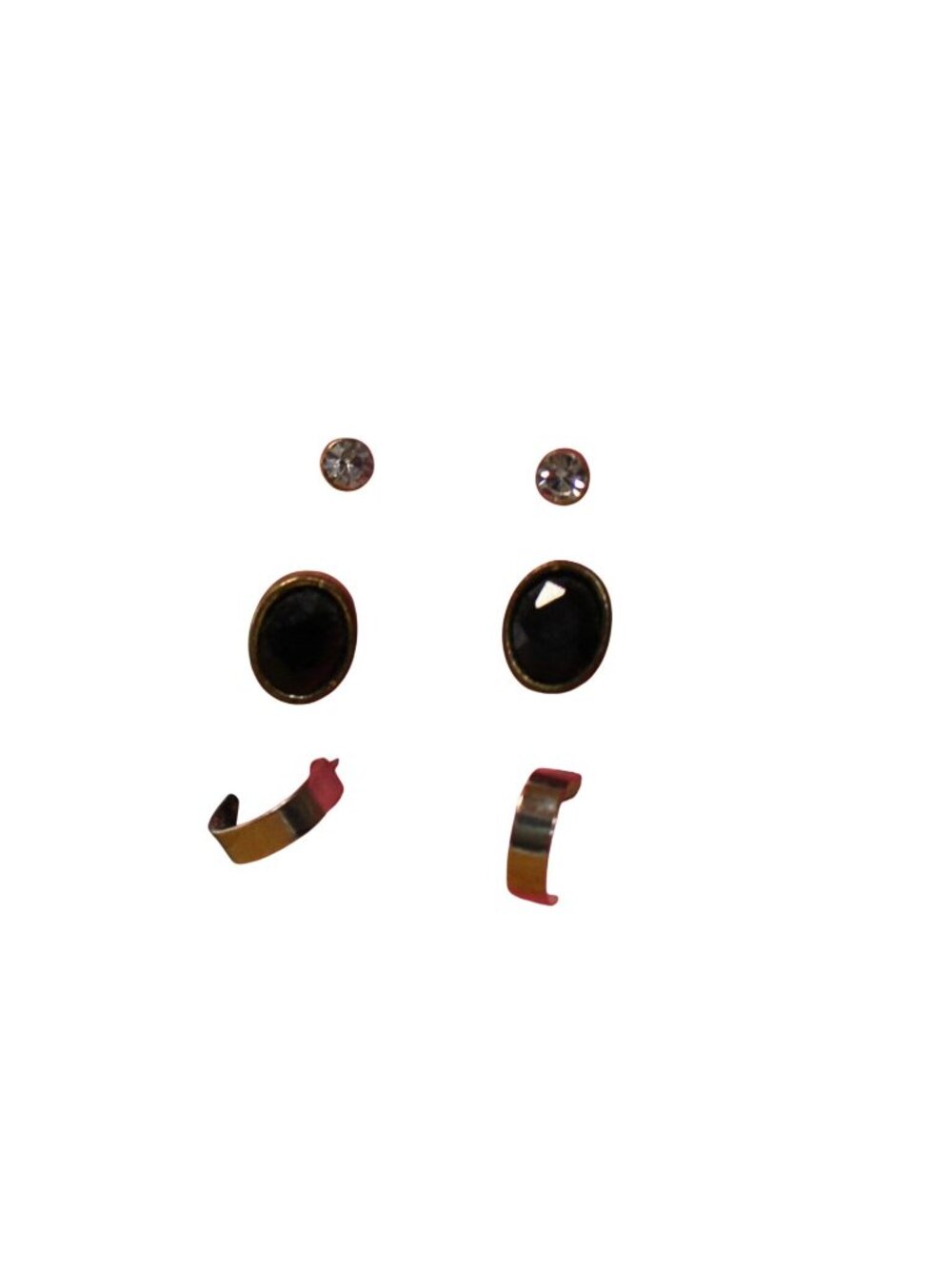 3-Pair Earring Set With Crystal Studs Black Cabochons & Silver Ear Cuffs